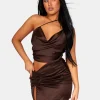 Public Desire Ruched Side Strappy Waist Satin Dress Dark | Women Dresses
