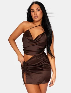 Public Desire Ruched Side Strappy Waist Satin Dress Dark | Women Dresses