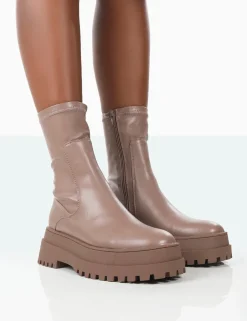 Public Desire Rusty Pu Chunky Sole Platform Sock Ankle Boots | Women Heeled Boots