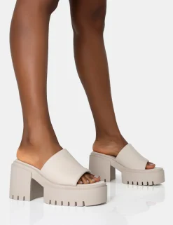 Public Desire Sabeena Ecru Chunky Mule Round Toe Mid Heel Sandals | Women Heeled Mules