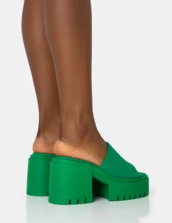 Public Desire Sabeena Green Chunky Mule Round Toe Mid Heel Sandals | Women Heeled Mules