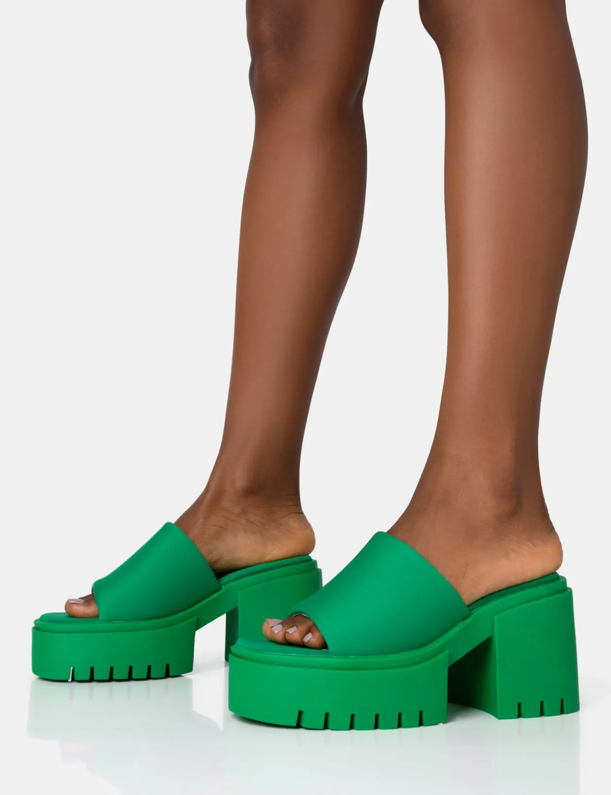 Public Desire Sabeena Green Chunky Mule Round Toe Mid Heel Sandals | Women Heeled Mules