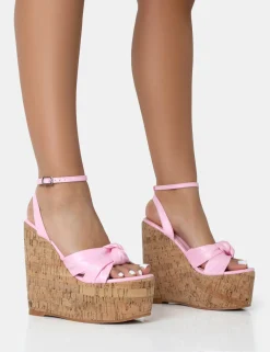 Public Desire Sandy Pu Knot Strap Round Toe Cork Wedge Heels | Women Wedges