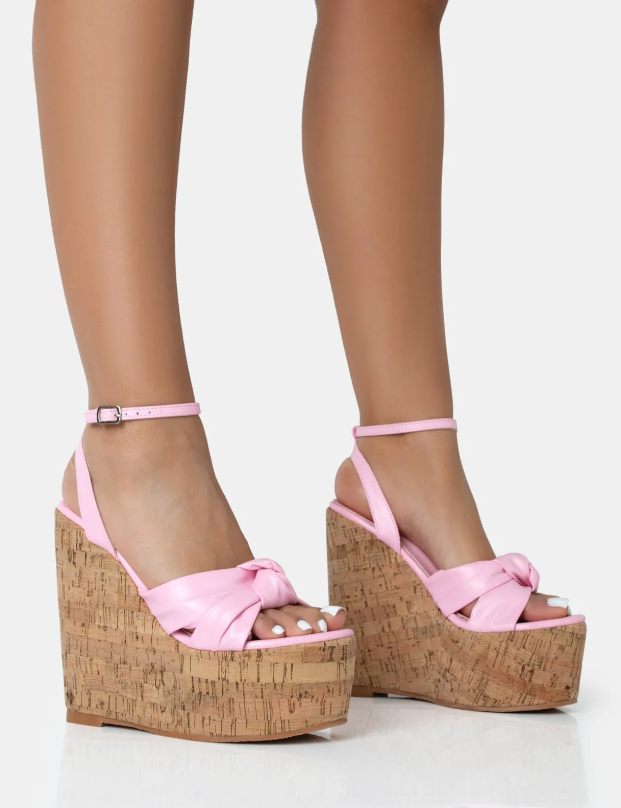 Public Desire Sandy Pu Knot Strap Round Toe Cork Wedge Heels | Women Wedges