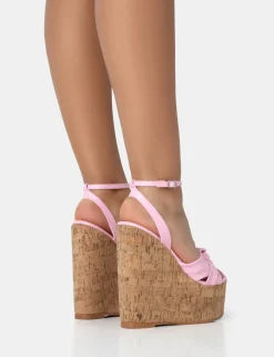 Public Desire Sandy Pu Knot Strap Round Toe Cork Wedge Heels | Women Wedges
