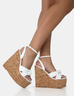 Public Desire Sandy Pu Knot Strap Round Toe Cork Wedge Heels | Women Wedges