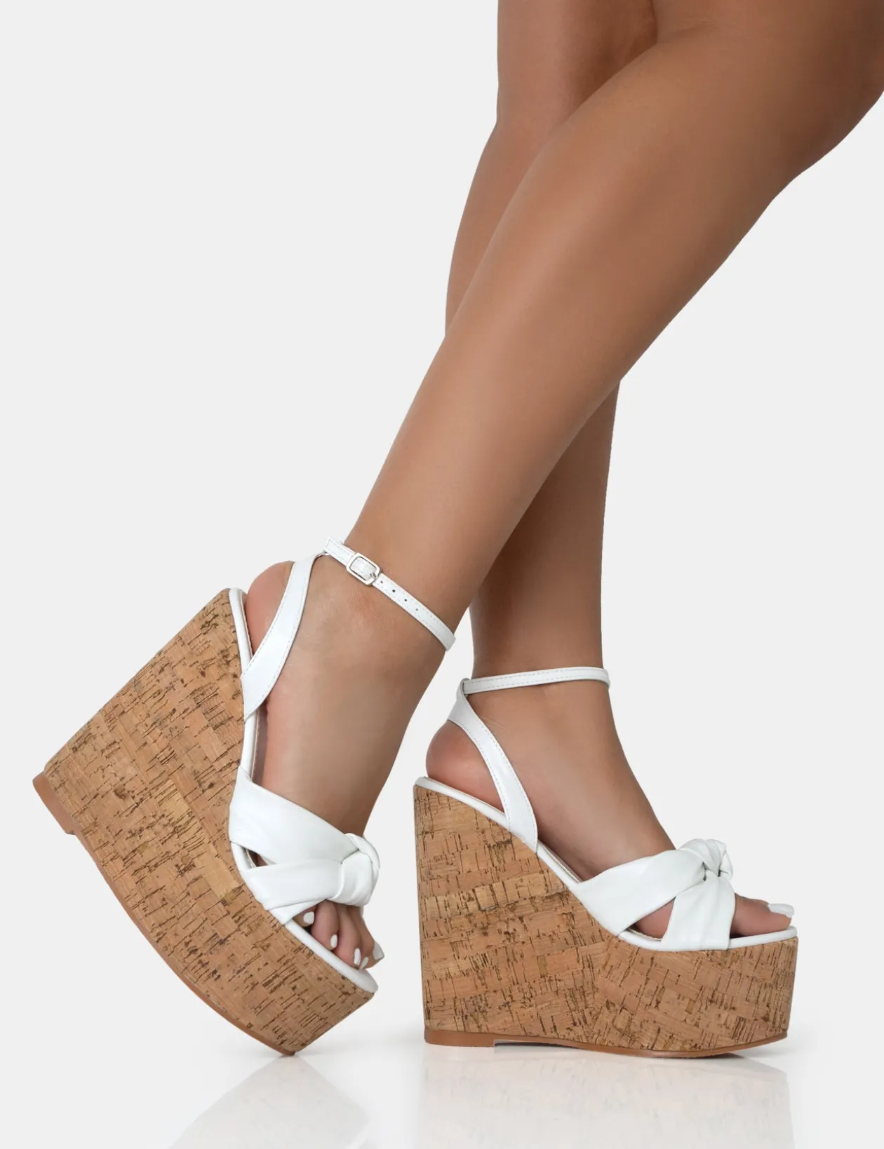 Public Desire Sandy Pu Knot Strap Round Toe Cork Wedge Heels | Women Wedges