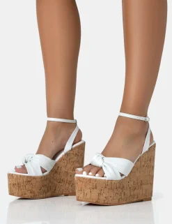 Public Desire Sandy Pu Knot Strap Round Toe Cork Wedge Heels | Women Wedges