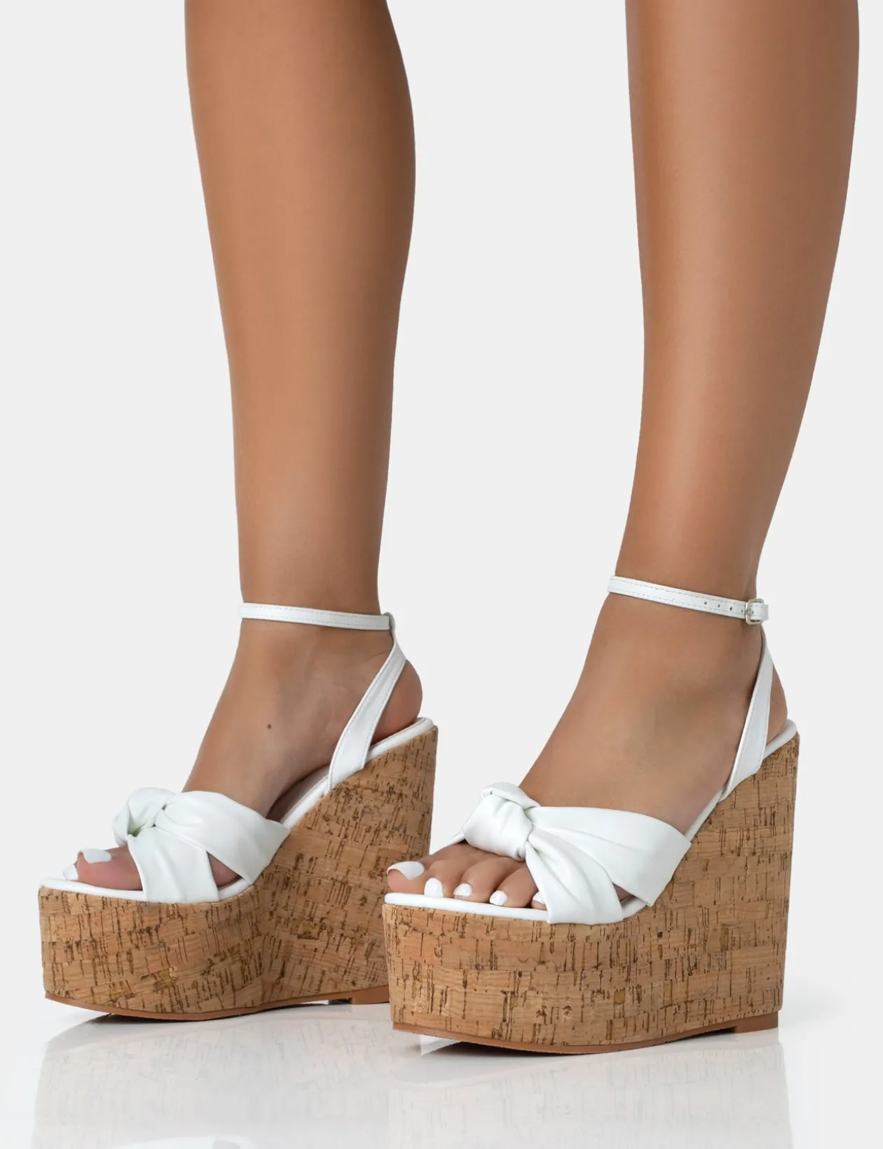 Public Desire Sandy Pu Knot Strap Round Toe Cork Wedge Heels | Women Wedges