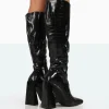 Public Desire Senna Black Patent Croc Knee High Block Heel Boots | Women Block Heels