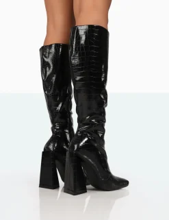 Public Desire Senna Black Patent Croc Knee High Block Heel Boots | Women Block Heels