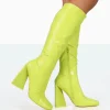 Public Desire Senna Lime Pu Knee High Block Heel Boots | Women Knee High Boots