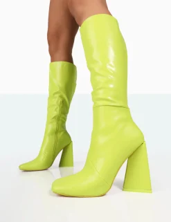 Public Desire Senna Lime Pu Knee High Block Heel Boots | Women Knee High Boots