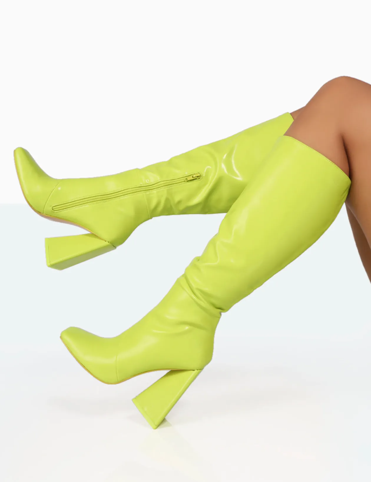 Public Desire Senna Lime Pu Knee High Block Heel Boots | Women Knee High Boots