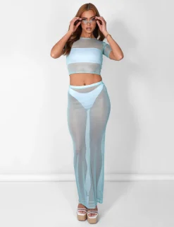 Public Desire Sheer Shimmer Knitted Maxi Skirt Blue | Women Skirts