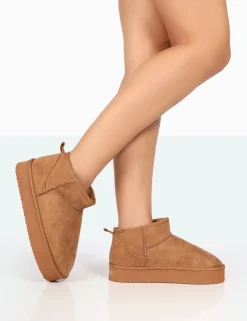 Public Desire Shorty Tan Faux Suede Ultra Mini Chunky Ankle Boots | Women Ultra Mini Boots