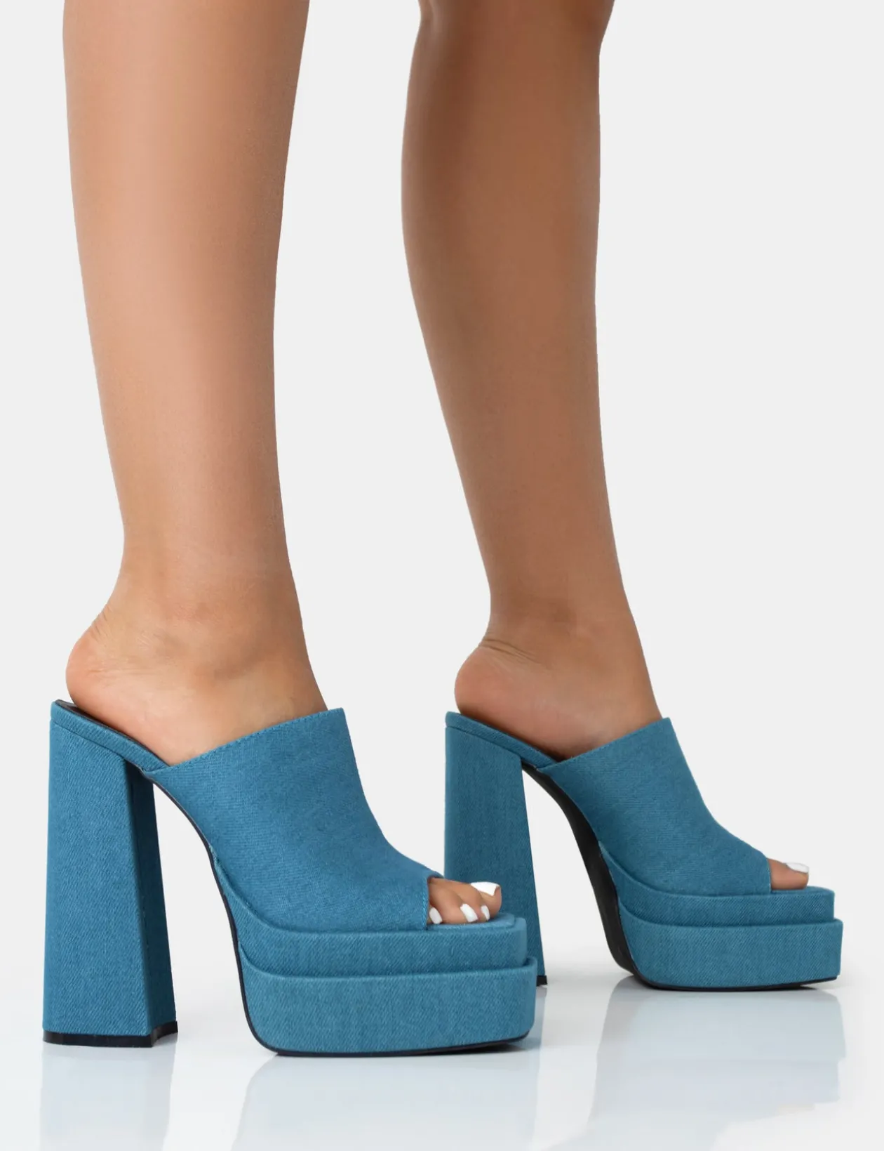 Public Desire Skyhigh Denim Chunky Platform High Heeled Mules | Women Square Toe Heels
