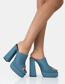 Public Desire Skyhigh Denim Chunky Platform High Heeled Mules | Women Square Toe Heels