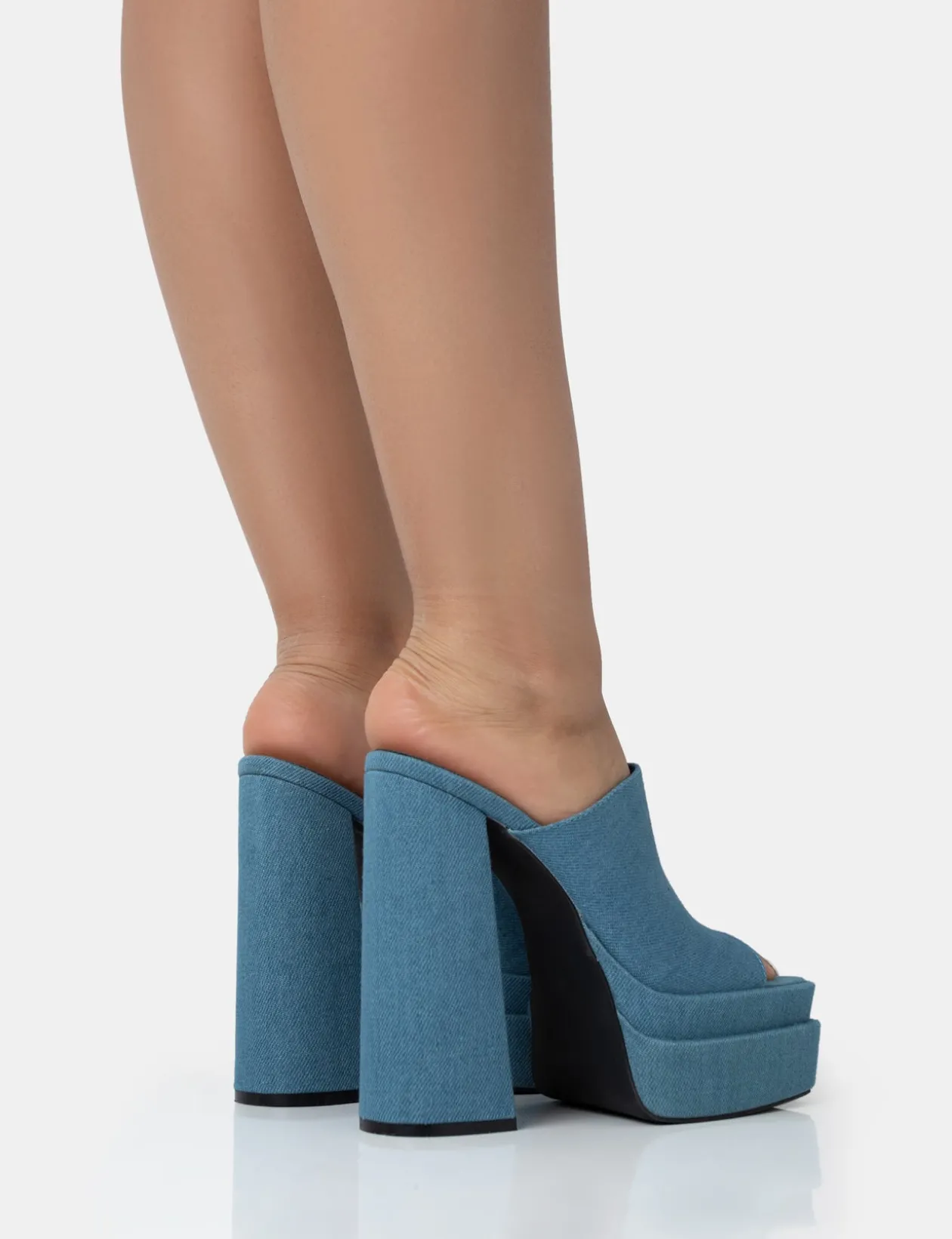Public Desire Skyhigh Denim Chunky Platform High Heeled Mules | Women Square Toe Heels