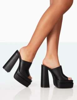 Public Desire Skyhigh Grain Pu Chunky Platform High Heeled Mules | Women Heeled Mules