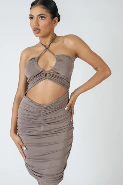 Public Desire Slinky Loop Ruching Tie Midi Dress Mink | Women Dresses