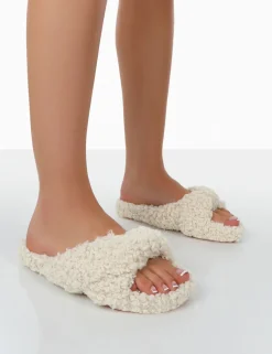 Public Desire Slumber Teddy Cross Over Strap Slippers | Women Slippers