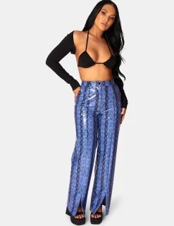 Public Desire Snake Print Pu Wide Leg Trousers Blue | Women Trousers