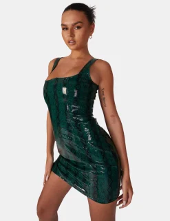 Public Desire Snake Pu Corset Mini Dress Green | Women Dresses