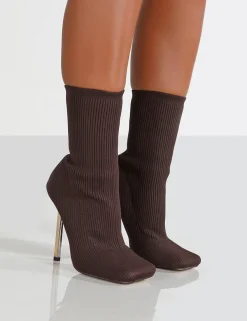Public Desire Souffle Chocolate Knit Stiletto Heel Sock Ankle Boot | Women Sock Fit Boots