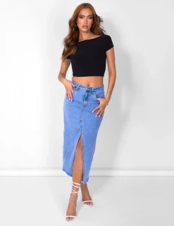 Public Desire Split Front Longline Denim Skirt Wash | Women Skirts
