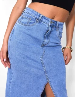 Public Desire Split Front Longline Denim Skirt Wash | Women Skirts