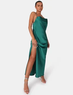 Public Desire Split Hem Cowl Neck Cross Back Maxi Dress Emerald Green | Women Dresses