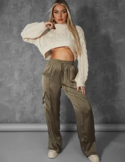 Public Desire Split Hem Satin Elasticated Waist Wide Leg Cargo Trousers | Women Trousers
