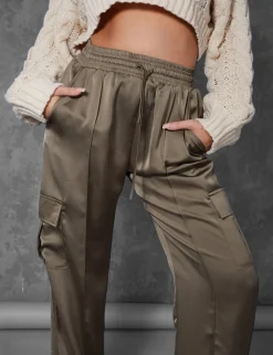 Public Desire Split Hem Satin Elasticated Waist Wide Leg Cargo Trousers | Women Trousers