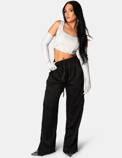 Public Desire Split Hem Satin Elasticated Waist Wide Leg Cargo Trousers | Women Trousers