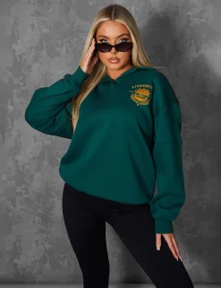 Public Desire Sports Club Embroidered Badge Oversized Rugby Sweatshirt Forest | Women Curve