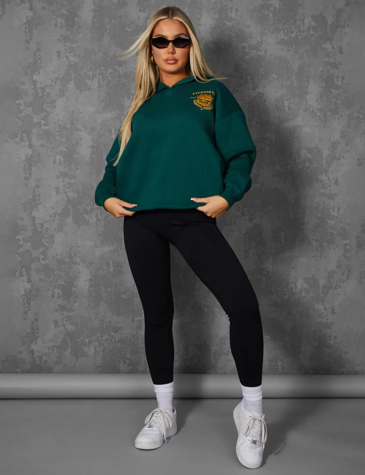 Public Desire Sports Club Embroidered Badge Oversized Rugby Sweatshirt Forest | Women Curve