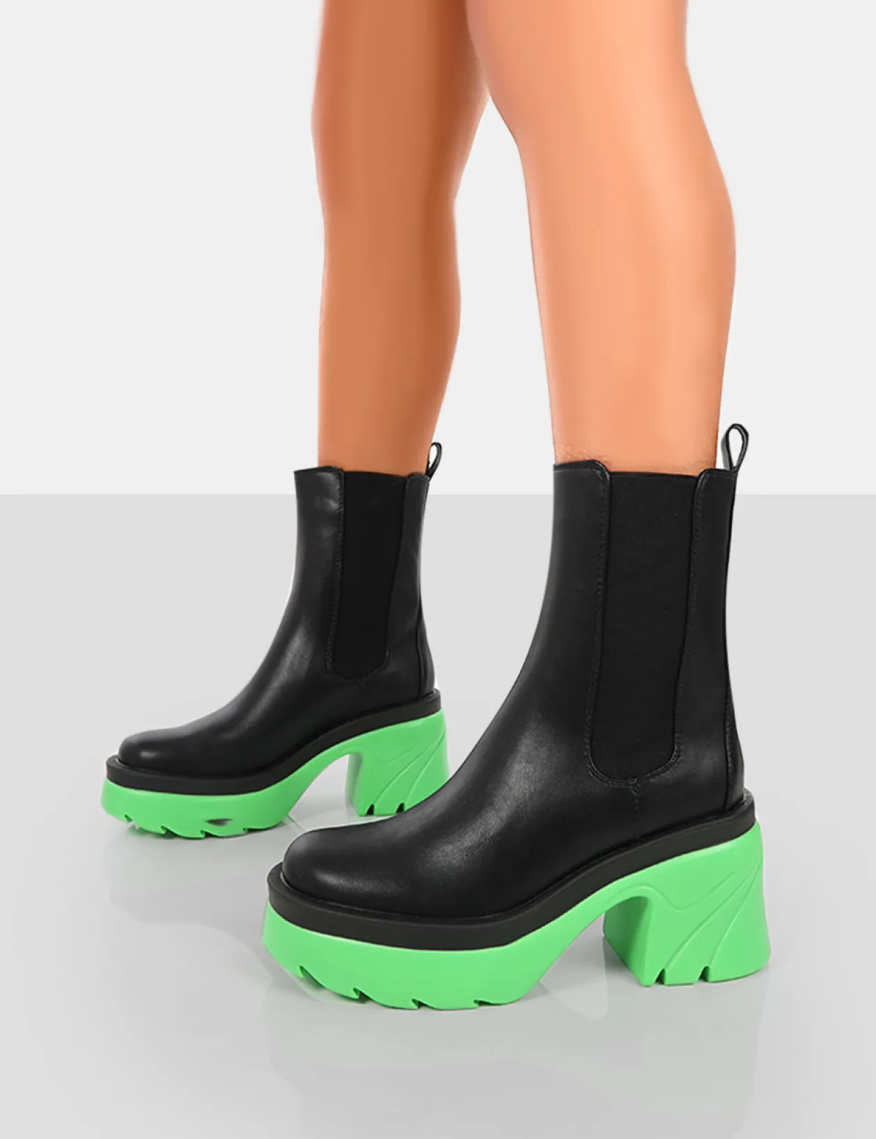 Public Desire Step Up Black Pu Platform Chunky Sole Heeled Ankle Boots | Women Chunky Boots