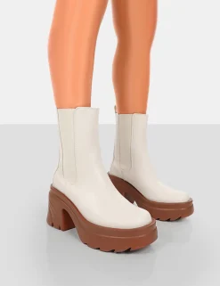 Public Desire Step Up Brown Pu Platform Chunky Sole Heeled Ankle Boots | Women Chunky Boots