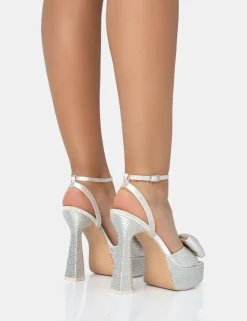 Public Desire Sugarboo Off Satin Diamante Bow Lace Up Square Toe Platform Heels | Women Square Toe Heels