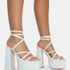 Public Desire Suki Linen Strappy Platform Square Toe Block Heels | Women Square Toe Heels