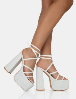 Public Desire Suki Linen Strappy Platform Square Toe Block Heels | Women Square Toe Heels
