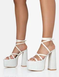 Public Desire Suki Linen Strappy Platform Square Toe Block Heels | Women Square Toe Heels