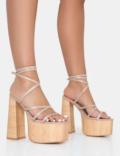 Public Desire Suki Pu Strappy Wood Effect Platform Square Toe Block Heels | Women Square Toe Heels