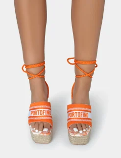 Public Desire Take Off Embroidered Portofino Lace Up Raffia Square Toe Wedge Heels | Women Wedges