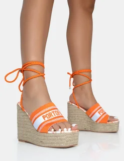 Public Desire Take Off Embroidered Portofino Lace Up Raffia Square Toe Wedge Heels | Women Wedges
