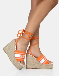 Public Desire Take Off Embroidered Portofino Lace Up Raffia Square Toe Wedge Heels | Women Wedges