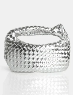 Public Desire The Blame Metallic Mirror Woven Pu Knot Detail Mini Grab Bag | Women Evening Bags