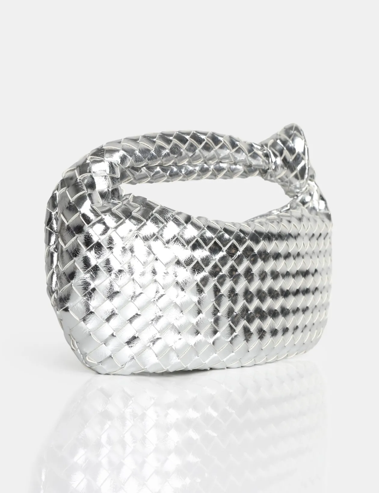 Public Desire The Blame Metallic Mirror Woven Pu Knot Detail Mini Grab Bag | Women Evening Bags