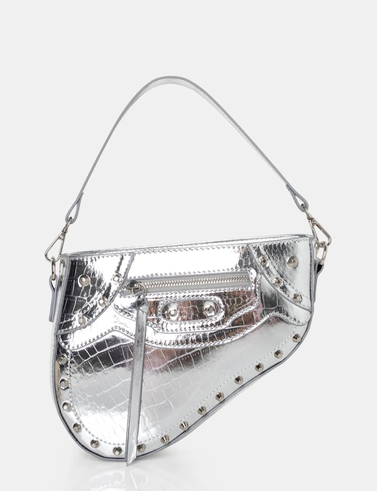 Public Desire The Fox Metallic Croc Studded Saddle Shoulder Bag | Women Crossbody And Shoulder Bags
